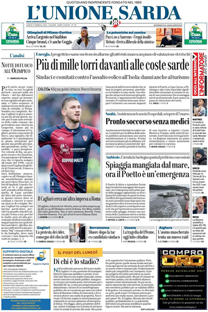 Prima pagina L'Unione Sarda di oggi - Quotidiano regionale