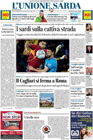Prima pagina L'Unione Sarda di oggi - Quotidiano regionale