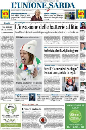 Prima pagina L'Unione Sarda di oggi - Quotidiano regionale