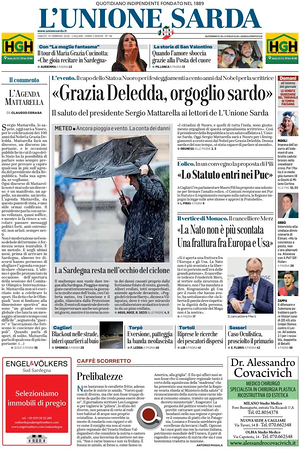 Prima pagina L'Unione Sarda di oggi - Quotidiano regionale