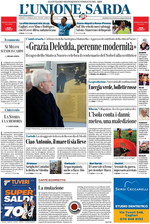 Prima pagina L'Unione Sarda di oggi - Quotidiano regionale