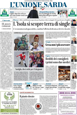 Prima pagina L'Unione Sarda di oggi - Quotidiano regionale