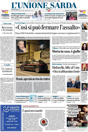 Prima pagina L'Unione Sarda di oggi - Quotidiano regionale