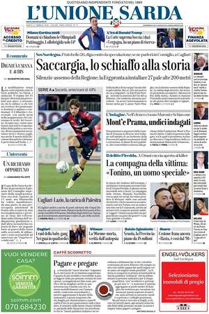 Prima pagina L'Unione Sarda di oggi - Quotidiano regionale