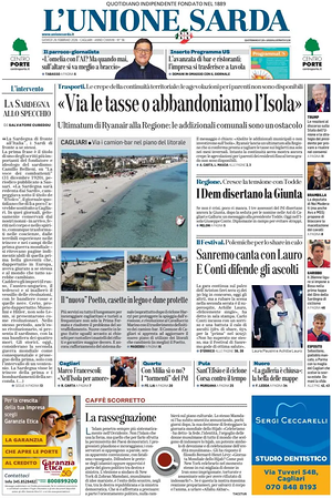 Prima pagina L'Unione Sarda di oggi - Quotidiano regionale