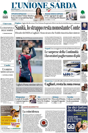 Prima pagina L'Unione Sarda di oggi - Quotidiano regionale