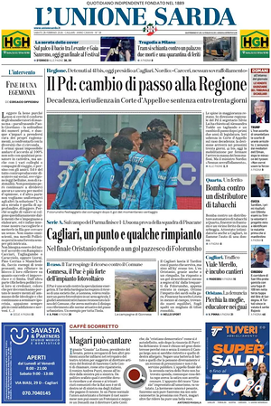 Prima pagina L'Unione Sarda di oggi - Quotidiano regionale