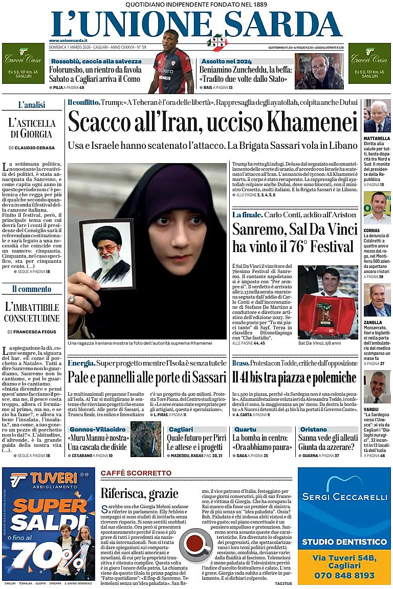 Prima pagina L'Unione Sarda di oggi - Edicola 1 Marzo 2026
