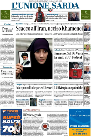 Prima pagina L'Unione Sarda di oggi - Quotidiano regionale