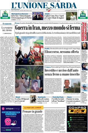 Prima pagina L'Unione Sarda di oggi - Quotidiano regionale