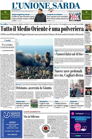 Prima pagina L'Unione Sarda di oggi - Quotidiano regionale