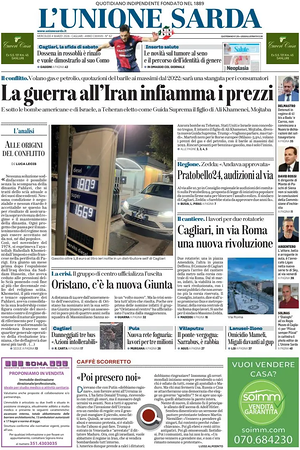 Prima pagina L'Unione Sarda di oggi - Quotidiano regionale