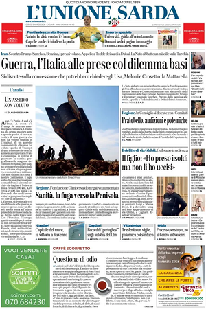Prima pagina L'Unione Sarda di oggi - Quotidiano regionale