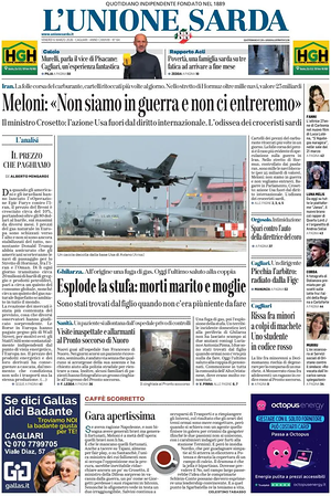 Prima pagina L'Unione Sarda di oggi - Quotidiano regionale