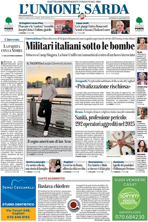Prima pagina L'Unione Sarda di oggi - Quotidiano regionale