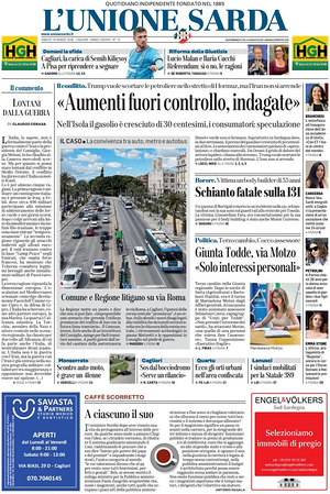 Prima pagina L'Unione Sarda di oggi - Quotidiano regionale
