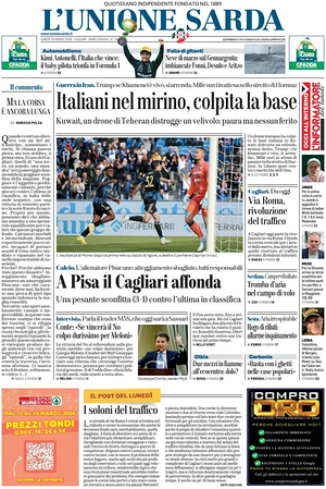 Prima pagina L'Unione Sarda di oggi - Quotidiano regionale