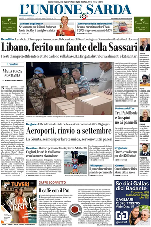 Prima pagina L'Unione Sarda di oggi - Quotidiano regionale