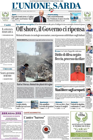 Prima pagina L'Unione Sarda di oggi - Quotidiano regionale