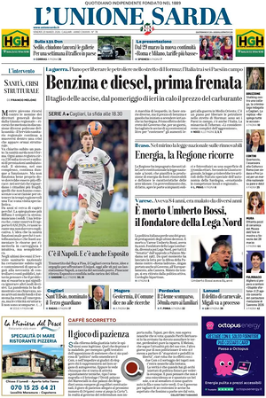 Prima pagina L'Unione Sarda di oggi - Quotidiano regionale