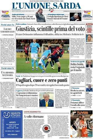 Prima pagina L'Unione Sarda di oggi - Quotidiano regionale