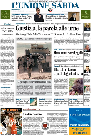 Prima pagina L'Unione Sarda di oggi - Quotidiano regionale