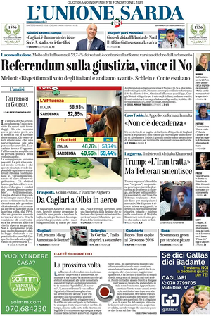 Prima pagina L'Unione Sarda di oggi - Quotidiano regionale
