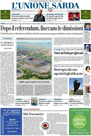 Prima pagina L'Unione Sarda di oggi - Quotidiano regionale