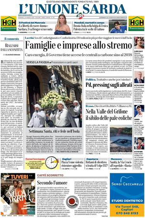 Prima pagina L'Unione Sarda di oggi - Quotidiano regionale