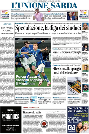 Prima pagina L'Unione Sarda di oggi - Quotidiano regionale