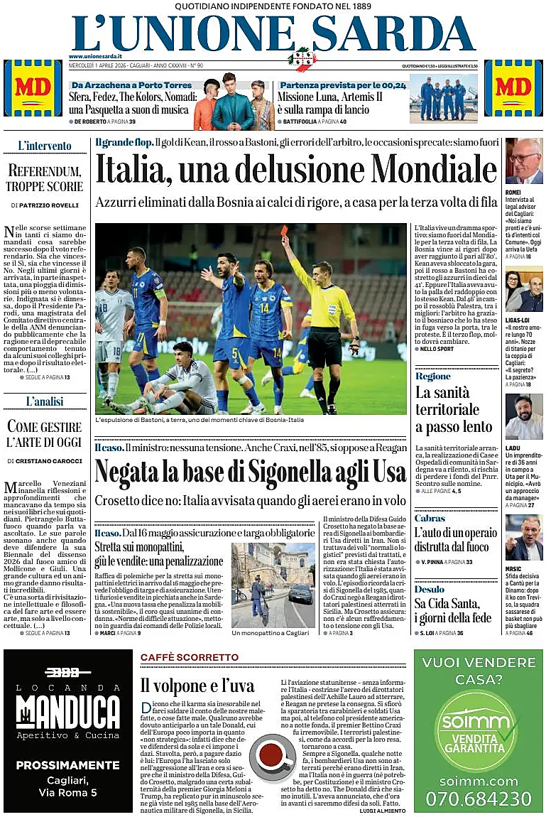 Prima pagina L'Unione Sarda di oggi - Edicola 1 Aprile 2026