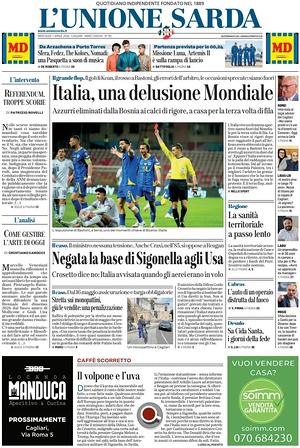 Prima pagina L'Unione Sarda di oggi - Quotidiano regionale