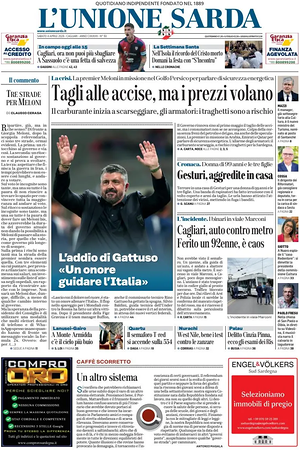 Prima pagina L'Unione Sarda di oggi - Quotidiano regionale