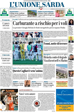 Prima pagina L'Unione Sarda di oggi - Quotidiano regionale