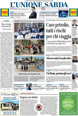 Prima pagina L'Unione Sarda di oggi - Quotidiano regionale