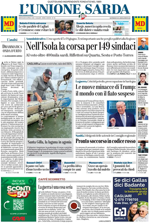 Prima pagina L'Unione Sarda di oggi - Quotidiano regionale