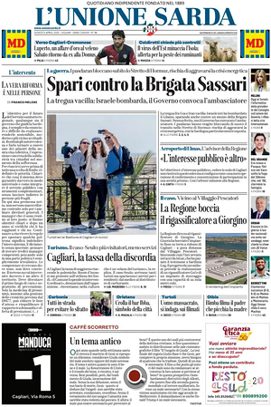 Prima pagina L'Unione Sarda di oggi - Quotidiano regionale