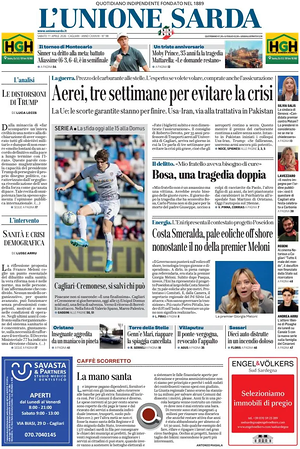 Prima pagina L'Unione Sarda di oggi - Quotidiano regionale