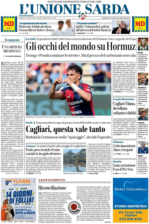 Prima pagina L'Unione Sarda di oggi - Quotidiano regionale