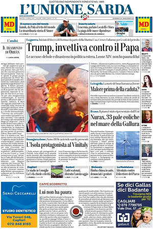 Prima pagina L'Unione Sarda di oggi - Quotidiano regionale