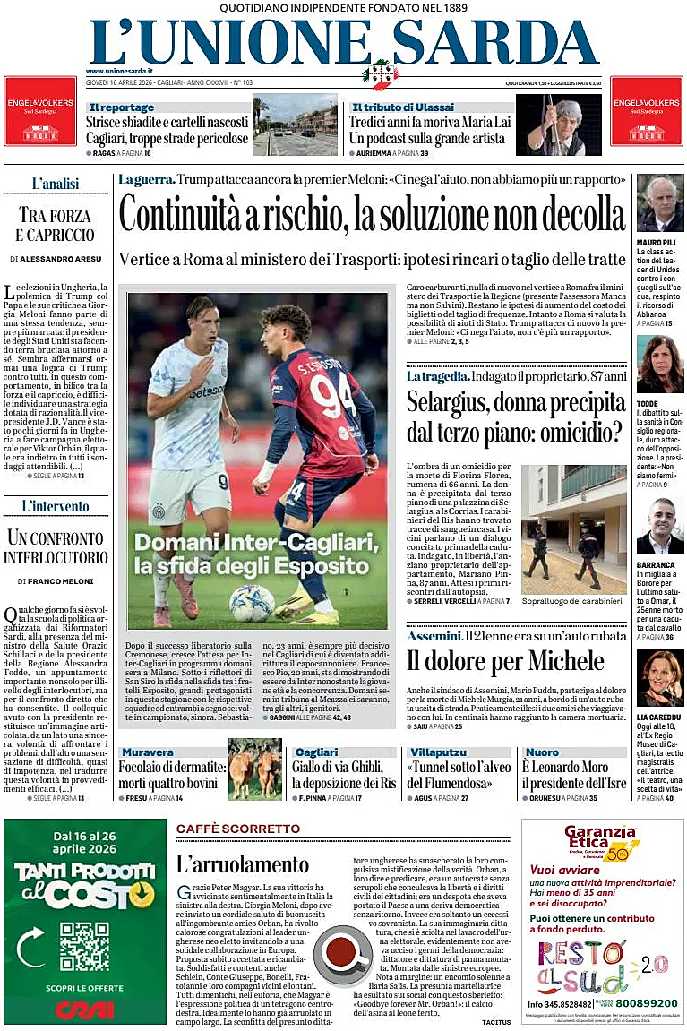 Prima pagina L'Unione Sarda di oggi - Edicola 16 Aprile 2026