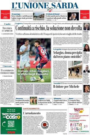 Prima pagina L'Unione Sarda di oggi - Quotidiano regionale