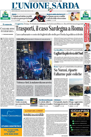 Prima pagina L'Unione Sarda di oggi - Quotidiano regionale