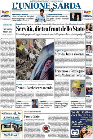 Prima pagina L'Unione Sarda di oggi - Quotidiano regionale
