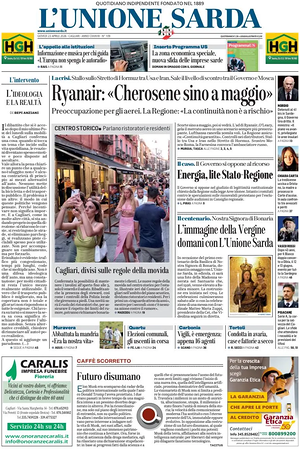 Prima pagina L'Unione Sarda di oggi - Quotidiano regionale