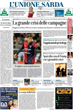 Prima pagina L'Unione Sarda di oggi - Quotidiano regionale