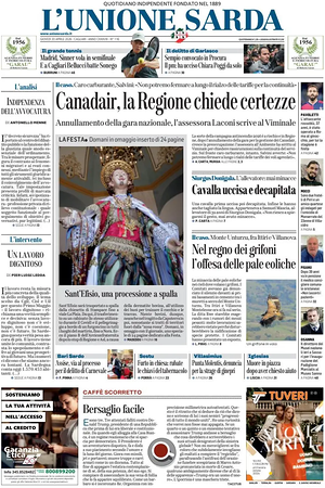 Prima pagina L'Unione Sarda di oggi - Quotidiano regionale