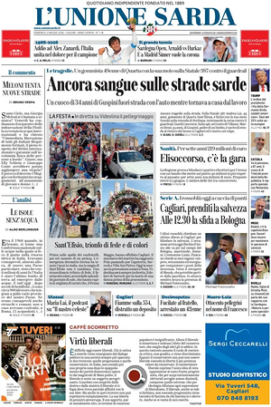 Prima pagina L'Unione Sarda di oggi - Quotidiano regionale