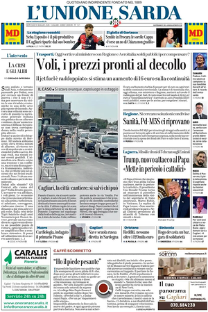 Prima pagina L'Unione Sarda di oggi - Quotidiano regionale