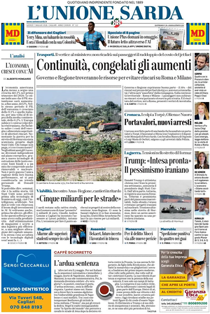 Prima pagina L'Unione Sarda di oggi - Quotidiano regionale